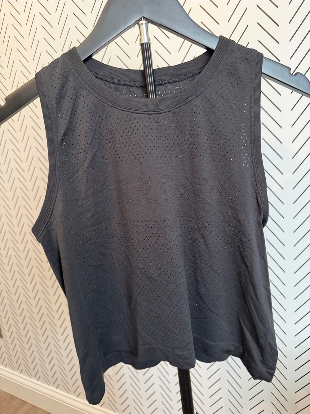 lululemon athletica Black Perforated Muscle Tank- says “Lululemon” across chest